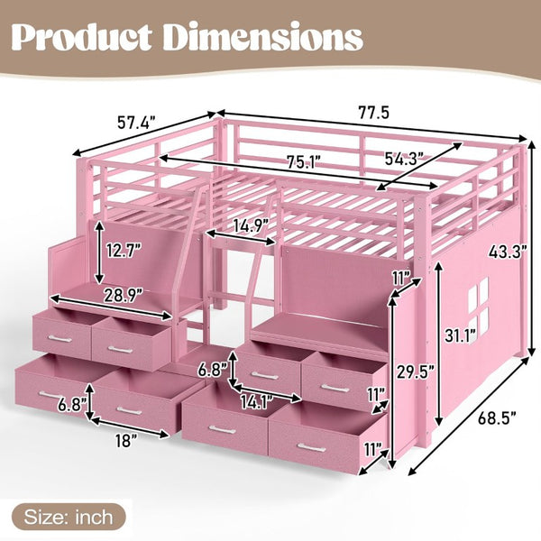 English Elm Full Low Loft Bed with Storage Stairs Fabric Drawers Shelves and Built-In Lights Pink W5305S00298