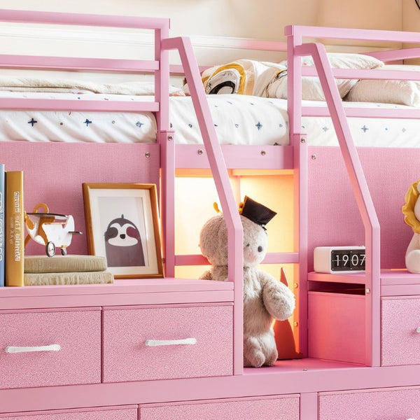 English Elm Full Low Loft Bed with Storage Stairs Fabric Drawers Shelves and Built-In Lights Pink W5305S00298