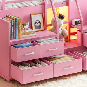 English Elm Full Low Loft Bed with Storage Stairs Fabric Drawers Shelves and Built-In Lights Pink W5305S00298