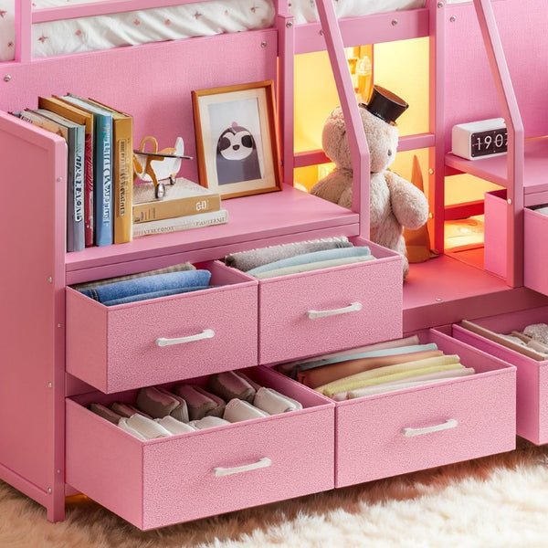 English Elm Full Low Loft Bed with Storage Stairs Fabric Drawers Shelves and Built-In Lights Pink W5305S00298