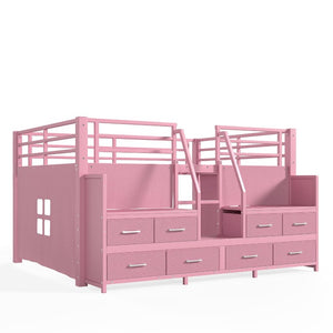 English Elm Full Low Loft Bed with Storage Stairs Fabric Drawers Shelves and Built-In Lights Pink W5305S00298