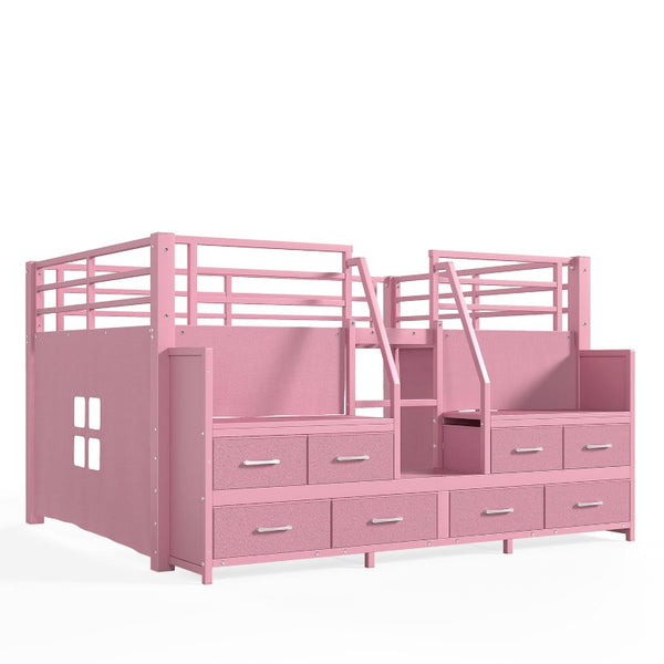 English Elm Full Low Loft Bed with Storage Stairs Fabric Drawers Shelves and Built-In Lights Pink W5305S00298