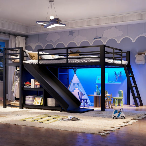 English Elm Full Low Loft Bed with Storage Stairs Fabric Drawers Shelves and Built-In Lights Black W5305S00299