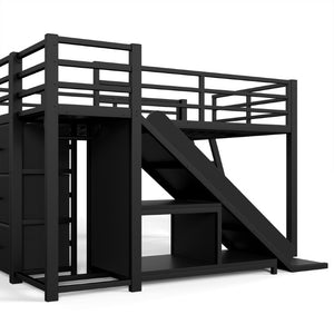 English Elm Full Low Loft Bed with Storage Stairs Fabric Drawers Shelves and Built-In Lights Black W5305S00299