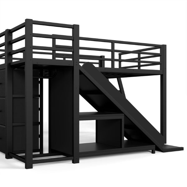 English Elm Full Low Loft Bed with Storage Stairs Fabric Drawers Shelves and Built-In Lights Black W5305S00299
