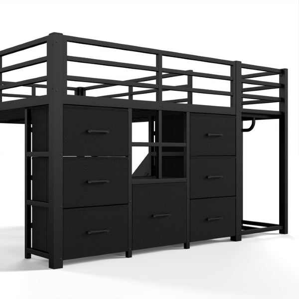 English Elm Full Low Loft Bed with Storage Stairs Fabric Drawers Shelves and Built-In Lights Black W5305S00299