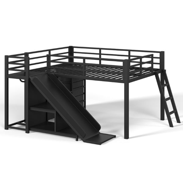 English Elm Full Low Loft Bed with Storage Stairs Fabric Drawers Shelves and Built-In Lights Black W5305S00299
