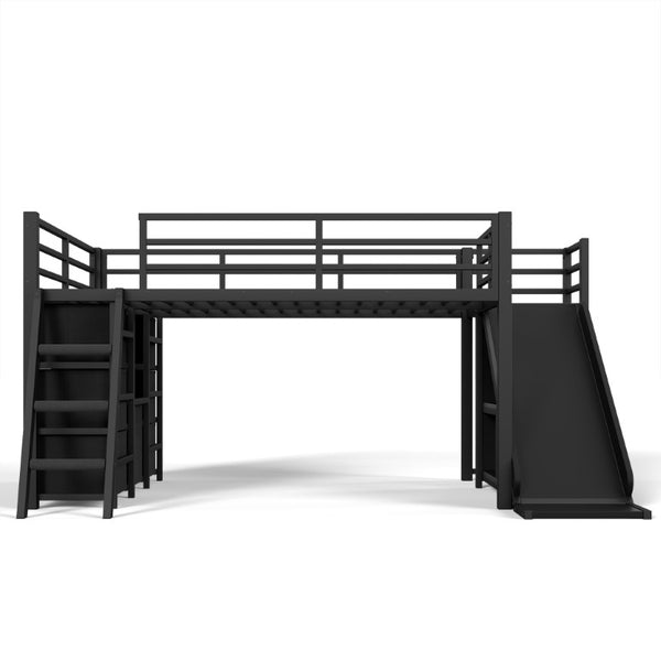 English Elm Full Low Loft Bed with Storage Stairs Fabric Drawers Shelves and Built-In Lights Black W5305S00299