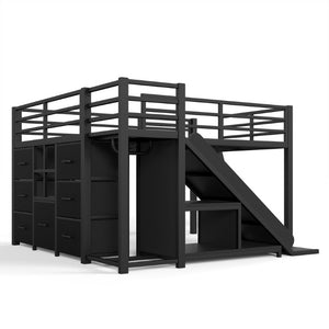 English Elm Full Low Loft Bed with Storage Stairs Fabric Drawers Shelves and Built-In Lights Black W5305S00299