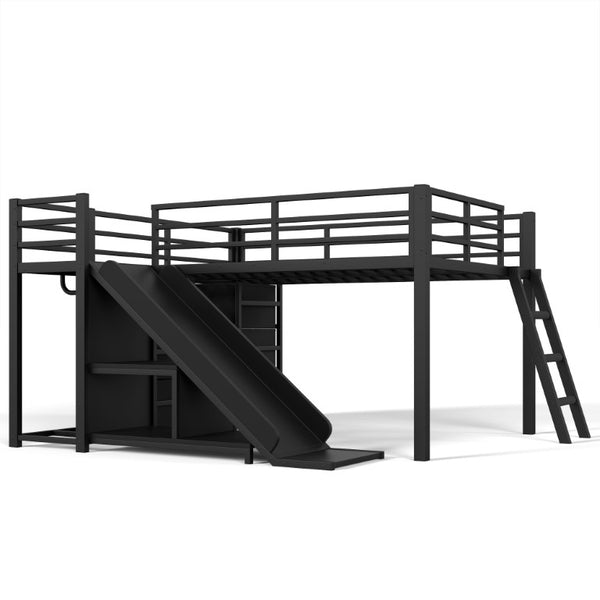 English Elm Full Low Loft Bed with Storage Stairs Fabric Drawers Shelves and Built-In Lights Black W5305S00299