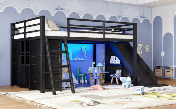 English Elm Full Low Loft Bed with Storage Stairs Fabric Drawers Shelves and Built-In Lights Black W5305S00299