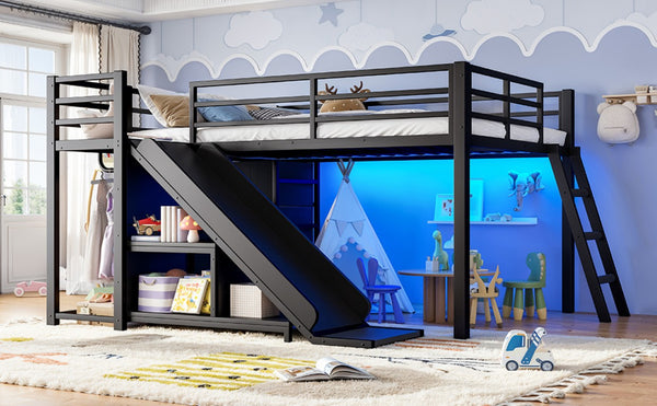 English Elm Full Low Loft Bed with Storage Stairs Fabric Drawers Shelves and Built-In Lights Black W5305S00299