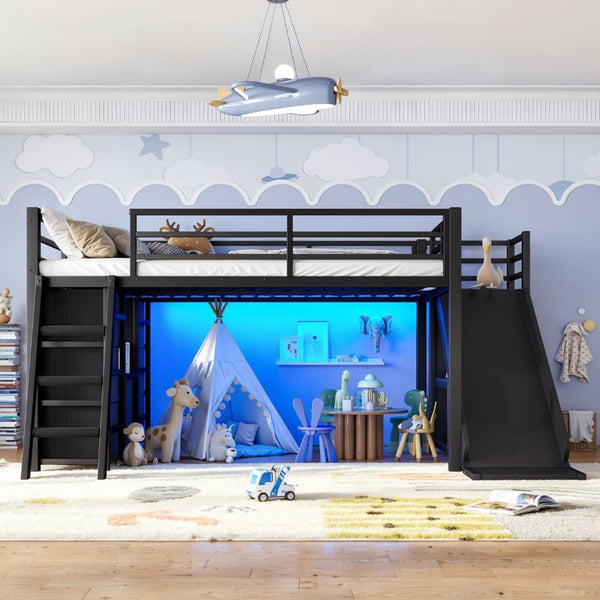 English Elm Full Low Loft Bed with Storage Stairs Fabric Drawers Shelves and Built-In Lights Black W5305S00299