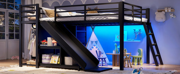 English Elm Full Low Loft Bed with Storage Stairs Fabric Drawers Shelves and Built-In Lights Black W5305S00299