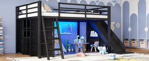 English Elm Full Low Loft Bed with Storage Stairs Fabric Drawers Shelves and Built-In Lights Black W5305S00299