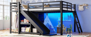 English Elm Full Low Loft Bed with Storage Stairs Fabric Drawers Shelves and Built-In Lights Black W5305S00299