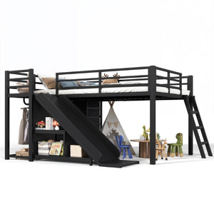 English Elm Full Low Loft Bed with Storage Stairs Fabric Drawers Shelves and Built-In Lights Black W5305S00299