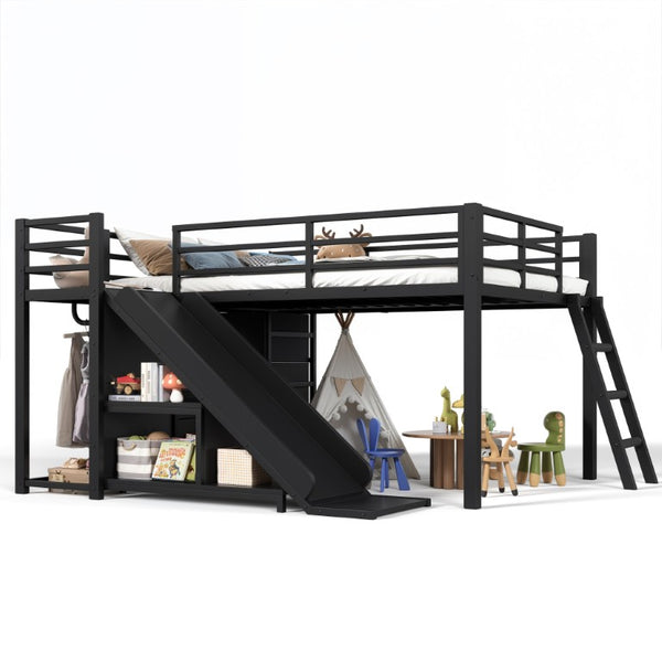 English Elm Full Low Loft Bed with Storage Stairs Fabric Drawers Shelves and Built-In Lights Black W5305S00299