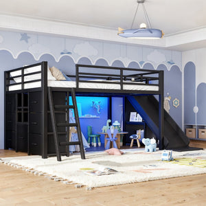 English Elm Full Low Loft Bed with Storage Stairs Fabric Drawers Shelves and Built-In Lights Black W5305S00299