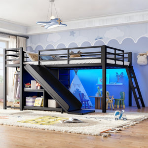 English Elm Full Low Loft Bed with Storage Stairs Fabric Drawers Shelves and Built-In Lights Black W5305S00299