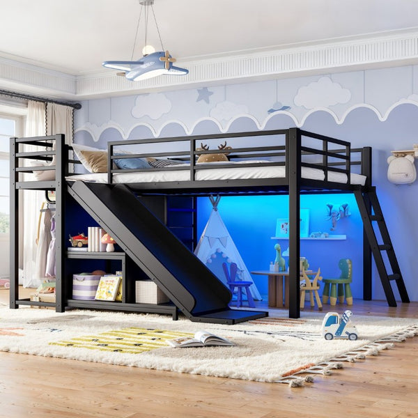 English Elm Full Low Loft Bed with Storage Stairs Fabric Drawers Shelves and Built-In Lights Black W5305S00299