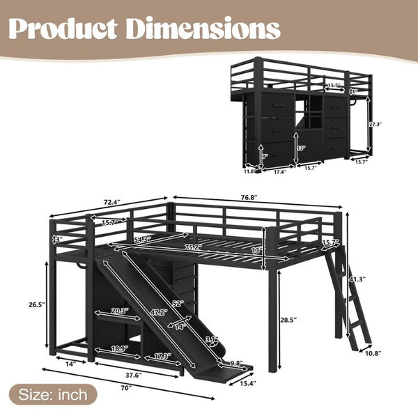 English Elm Full Low Loft Bed with Storage Stairs Fabric Drawers Shelves and Built-In Lights Black W5305S00299