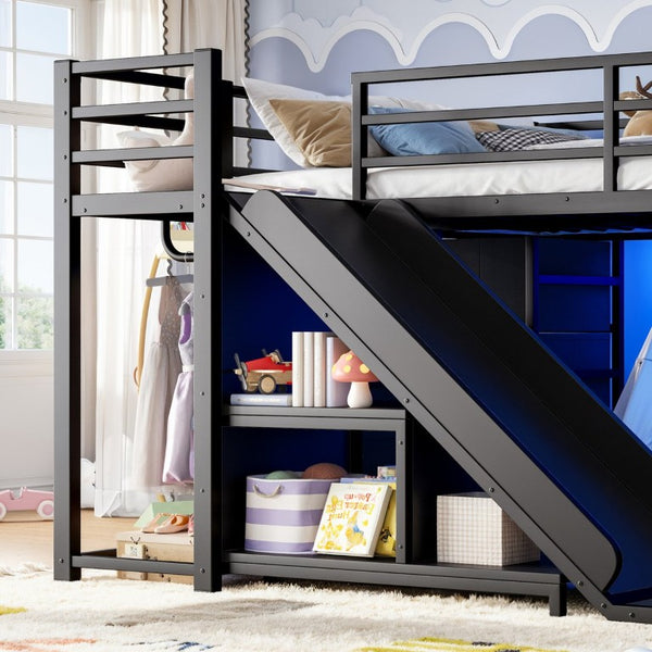 English Elm Full Low Loft Bed with Storage Stairs Fabric Drawers Shelves and Built-In Lights Black W5305S00299
