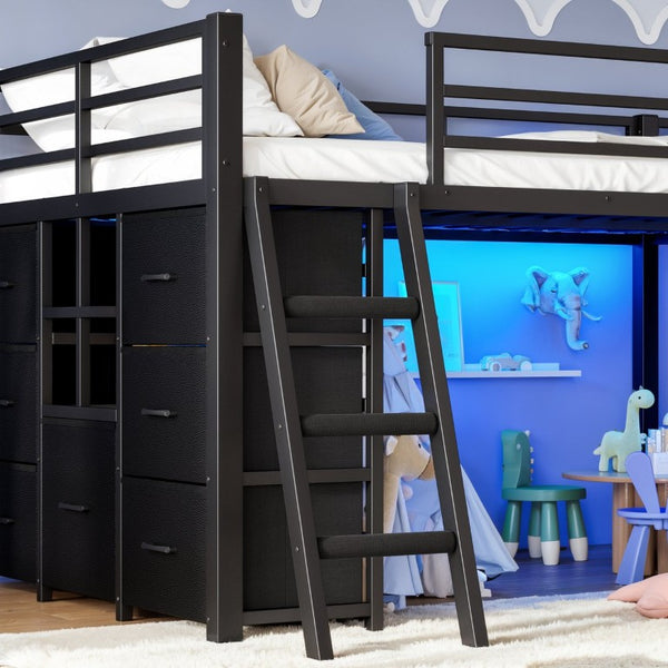 English Elm Full Low Loft Bed with Storage Stairs Fabric Drawers Shelves and Built-In Lights Black W5305S00299