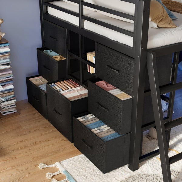 English Elm Full Low Loft Bed with Storage Stairs Fabric Drawers Shelves and Built-In Lights Black W5305S00299
