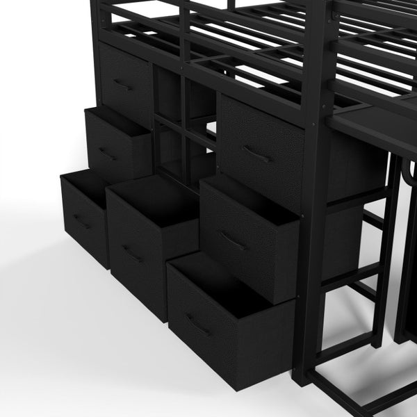 English Elm Full Low Loft Bed with Storage Stairs Fabric Drawers Shelves and Built-In Lights Black W5305S00299