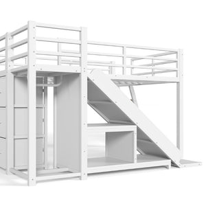 English Elm Full Low Loft Bed with Storage Stairs Fabric Drawers Shelves and Built-In Lights White W5305S00300
