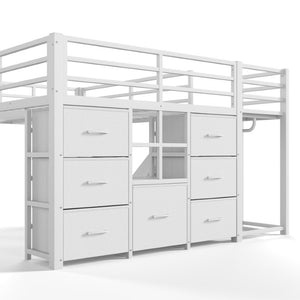 English Elm Full Low Loft Bed with Storage Stairs Fabric Drawers Shelves and Built-In Lights White W5305S00300