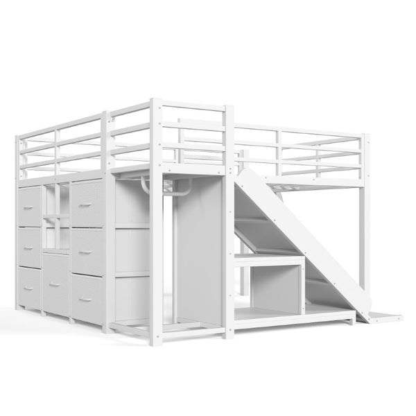 English Elm Full Low Loft Bed with Storage Stairs Fabric Drawers Shelves and Built-In Lights White W5305S00300