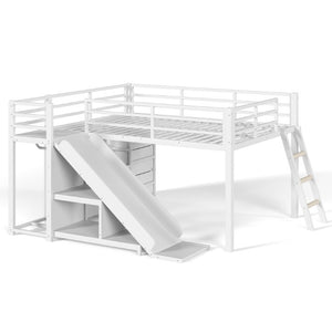 English Elm Full Low Loft Bed with Storage Stairs Fabric Drawers Shelves and Built-In Lights White W5305S00300