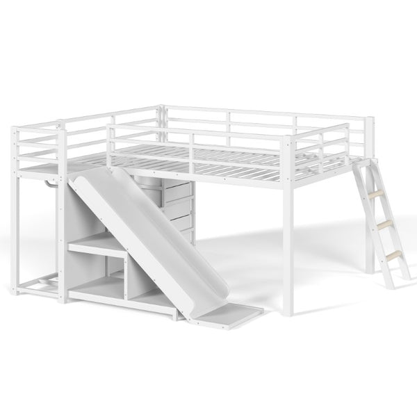 English Elm Full Low Loft Bed with Storage Stairs Fabric Drawers Shelves and Built-In Lights White W5305S00300