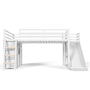 English Elm Full Low Loft Bed with Storage Stairs Fabric Drawers Shelves and Built-In Lights White W5305S00300