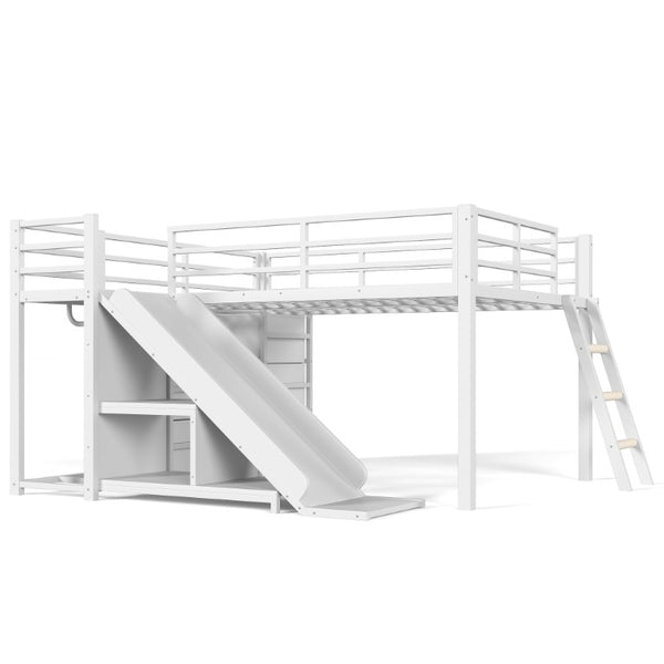 English Elm Full Low Loft Bed with Storage Stairs Fabric Drawers Shelves and Built-In Lights White W5305S00300