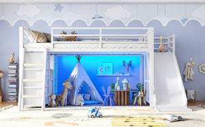 English Elm Full Low Loft Bed with Storage Stairs Fabric Drawers Shelves and Built-In Lights White W5305S00300