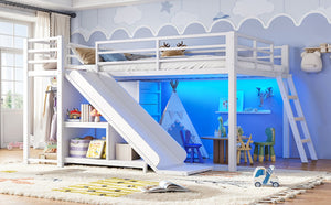 English Elm Full Low Loft Bed with Storage Stairs Fabric Drawers Shelves and Built-In Lights White W5305S00300