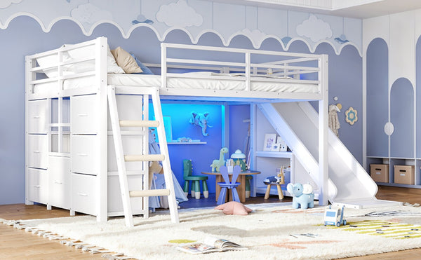English Elm Full Low Loft Bed with Storage Stairs Fabric Drawers Shelves and Built-In Lights White W5305S00300