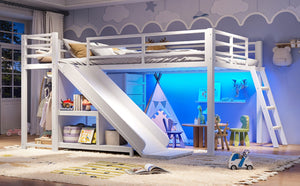 English Elm Full Low Loft Bed with Storage Stairs Fabric Drawers Shelves and Built-In Lights White W5305S00300