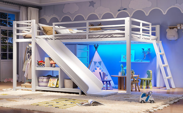 English Elm Full Low Loft Bed with Storage Stairs Fabric Drawers Shelves and Built-In Lights White W5305S00300