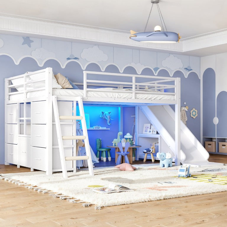 English Elm Full Low Loft Bed with Storage Stairs Fabric Drawers Shelves and Built-In Lights White W5305S00300
