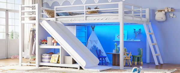 English Elm Full Low Loft Bed with Storage Stairs Fabric Drawers Shelves and Built-In Lights White W5305S00300