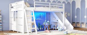 English Elm Full Low Loft Bed with Storage Stairs Fabric Drawers Shelves and Built-In Lights White W5305S00300