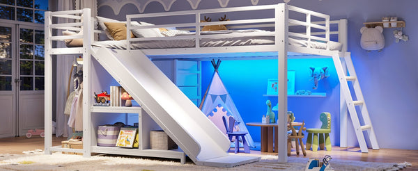 English Elm Full Low Loft Bed with Storage Stairs Fabric Drawers Shelves and Built-In Lights White W5305S00300