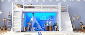 English Elm Full Low Loft Bed with Storage Stairs Fabric Drawers Shelves and Built-In Lights White W5305S00300