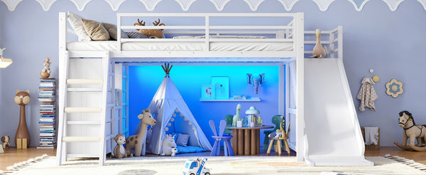 English Elm Full Low Loft Bed with Storage Stairs Fabric Drawers Shelves and Built-In Lights White W5305S00300
