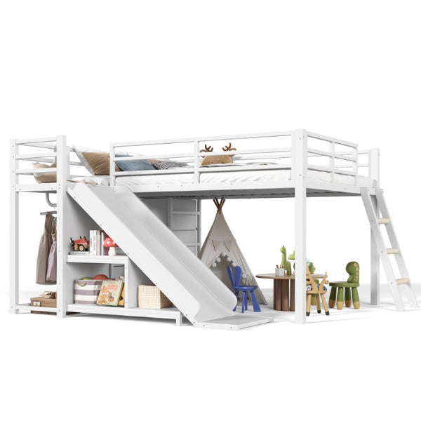 English Elm Full Low Loft Bed with Storage Stairs Fabric Drawers Shelves and Built-In Lights White W5305S00300