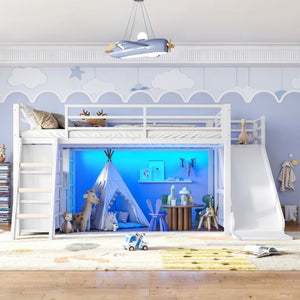 English Elm Full Low Loft Bed with Storage Stairs Fabric Drawers Shelves and Built-In Lights White W5305S00300